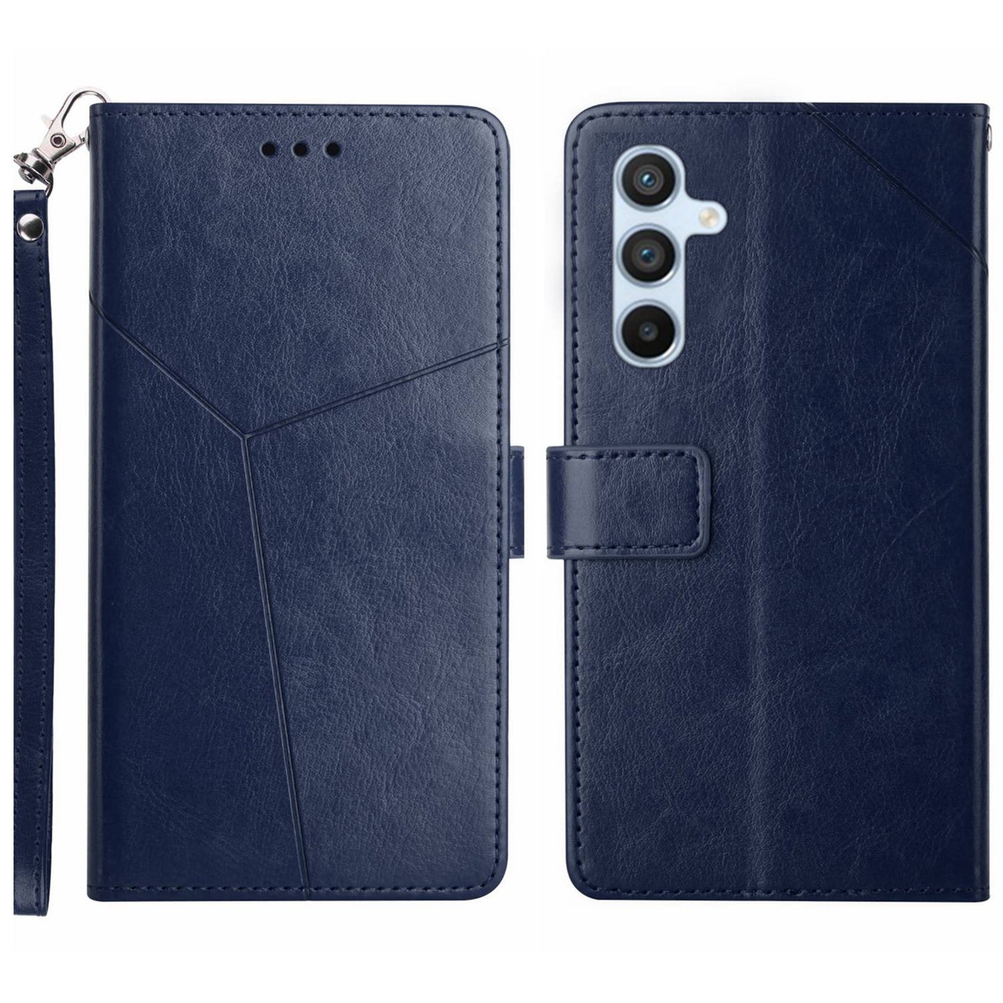HT01 For Samsung Galaxy F34 5G / M34 5G Phone Stand Case Y-shaped Line Imprinted Leather Wallet Cover - Blue