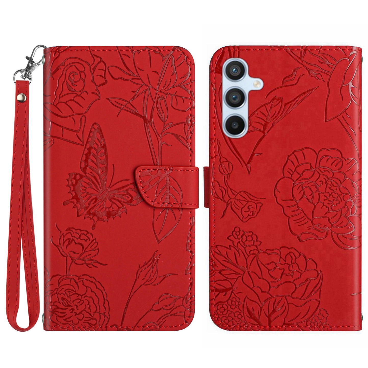 HT03 For Samsung Galaxy F34 5G / M34 5G PU Leather Imprinted Case Wallet Stand Phone Cover with Wrist Strap - Red