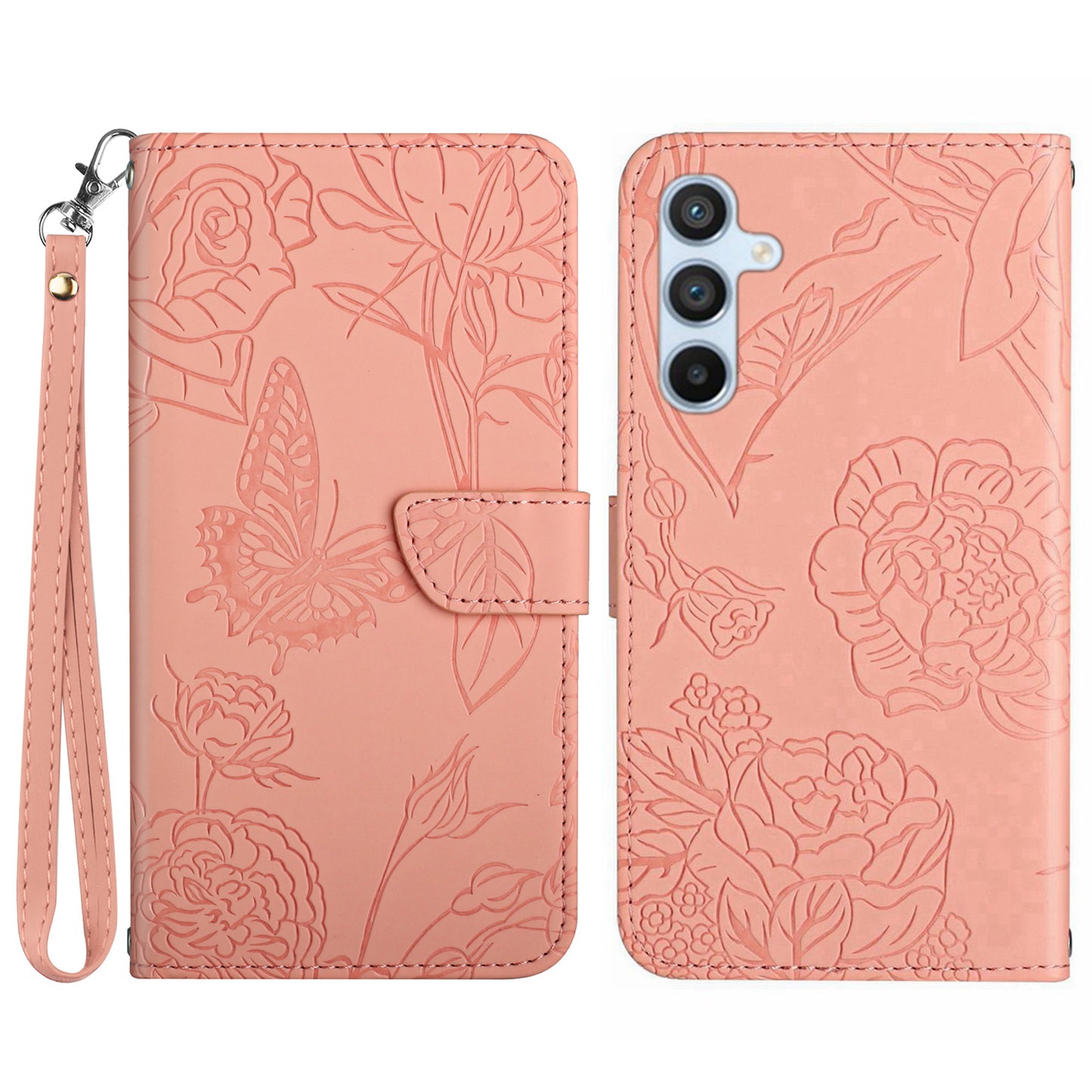 HT03 For Samsung Galaxy F34 5G / M34 5G PU Leather Imprinted Case Wallet Stand Phone Cover with Wrist Strap - Pink