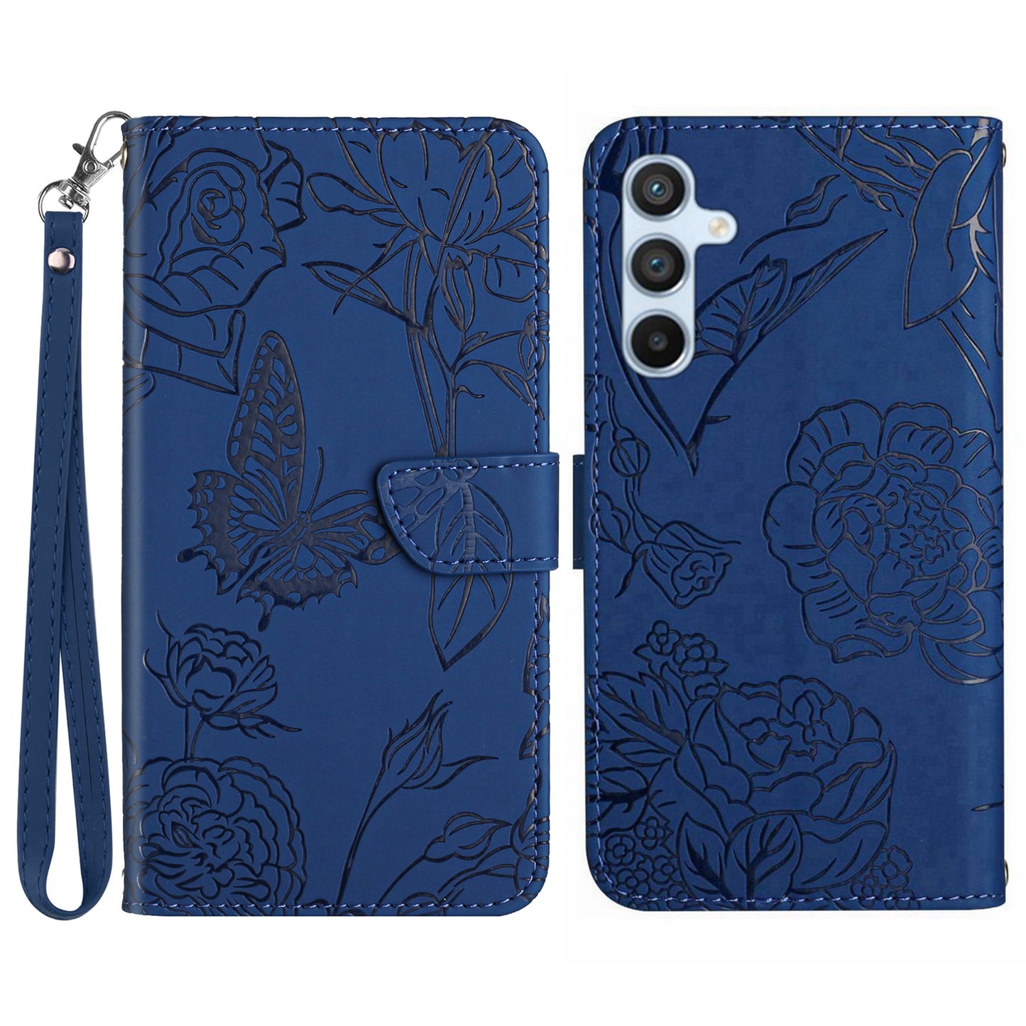 HT03 For Samsung Galaxy F34 5G / M34 5G PU Leather Imprinted Case Wallet Stand Phone Cover with Wrist Strap - Blue