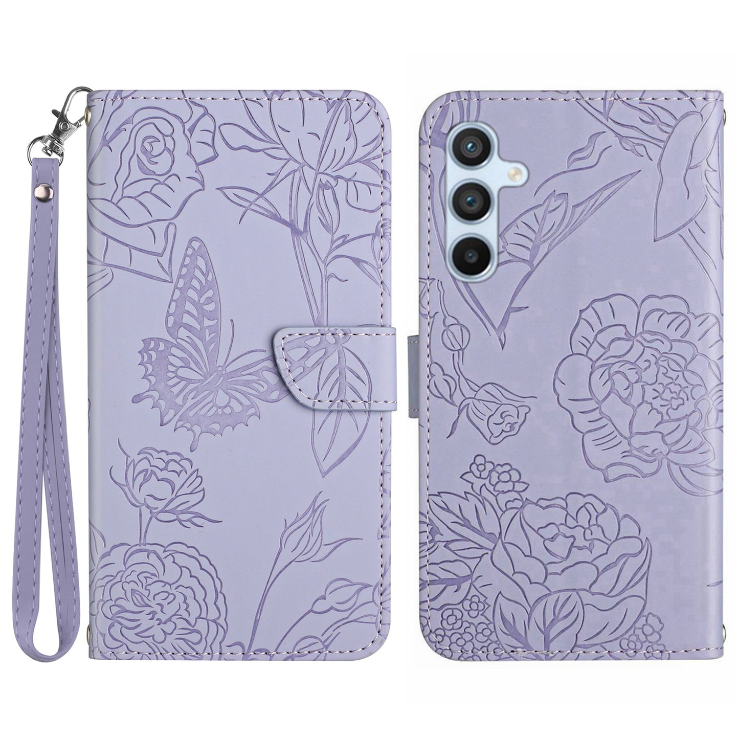 HT03 For Samsung Galaxy F34 5G / M34 5G PU Leather Imprinted Case Wallet Stand Phone Cover with Wrist Strap - Purple