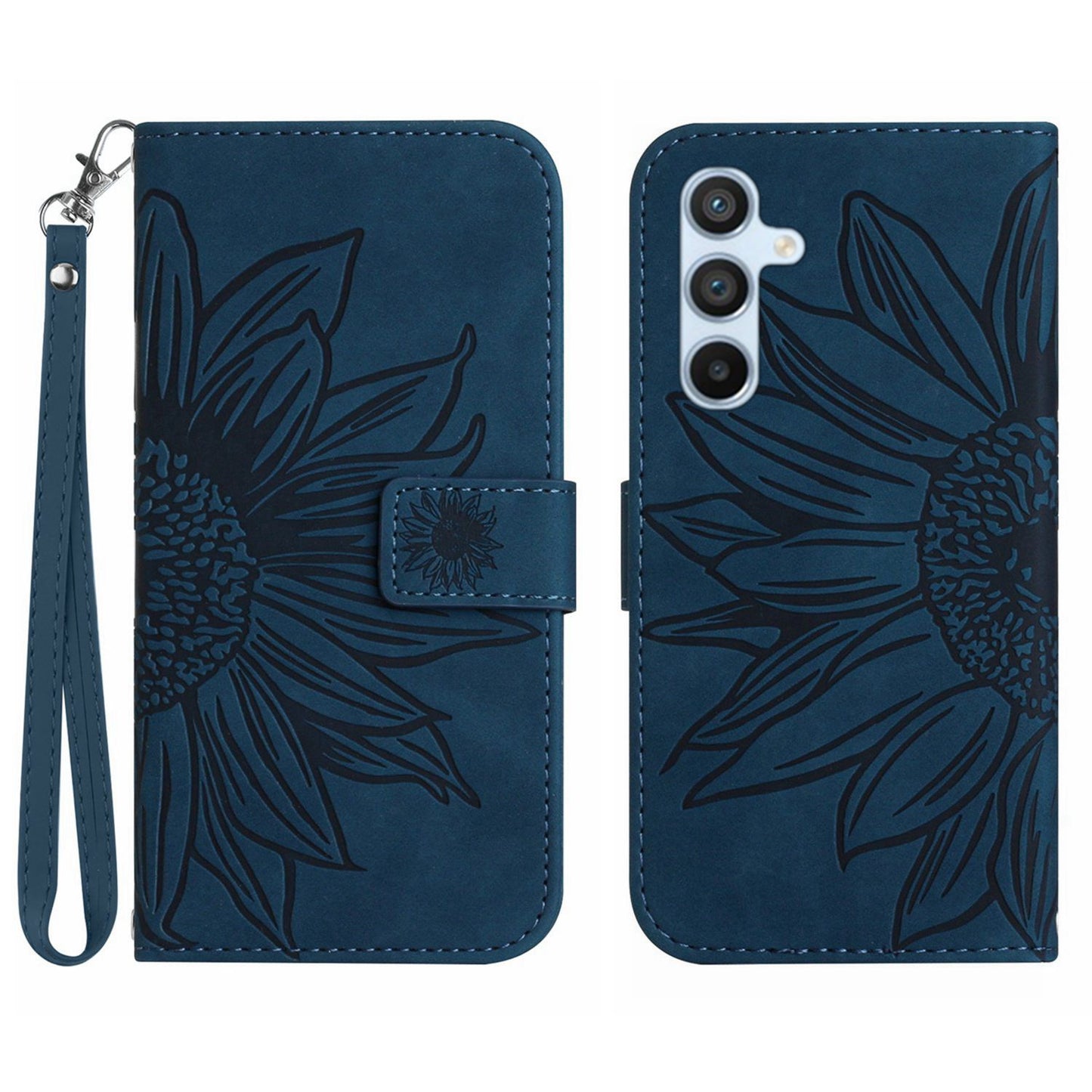 HT04 For Samsung Galaxy F34 5G / M34 5G Sunflower Imprinted Cellphone Cover Leather Wallet Stand Case with Hand Strap - Dark Blue