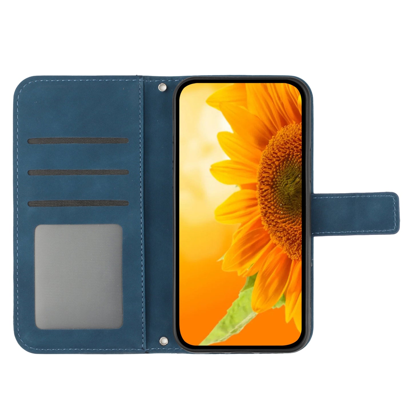 HT04 For Samsung Galaxy F34 5G / M34 5G Sunflower Imprinted Cellphone Cover Leather Wallet Stand Case with Hand Strap - Dark Blue