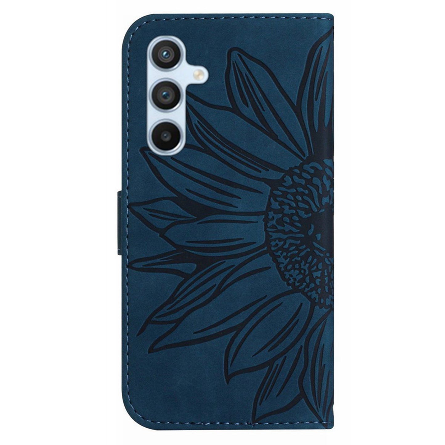 HT04 For Samsung Galaxy F34 5G / M34 5G Sunflower Imprinted Cellphone Cover Leather Wallet Stand Case with Hand Strap - Dark Blue