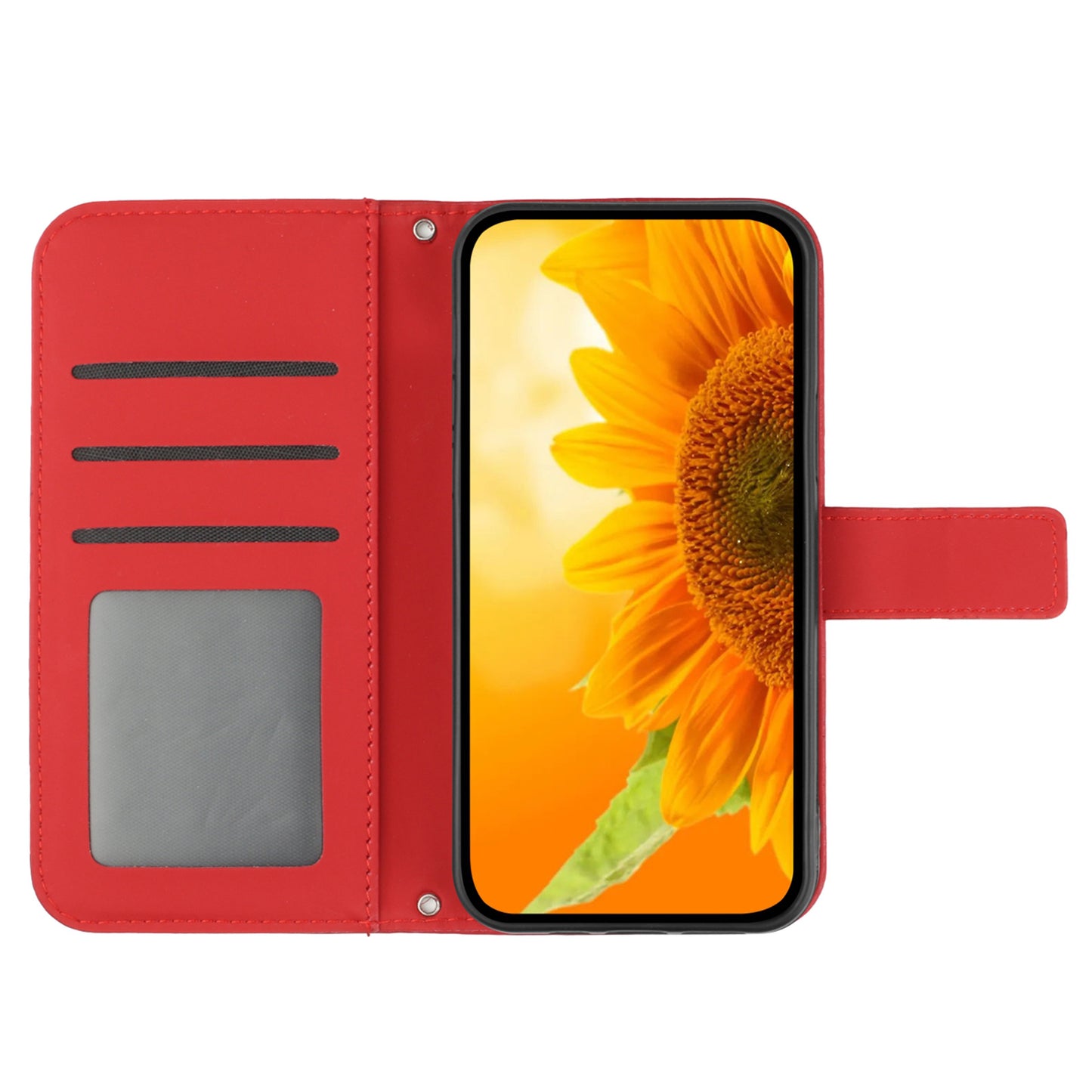 HT04 For Samsung Galaxy F34 5G / M34 5G Sunflower Imprinted Cellphone Cover Leather Wallet Stand Case with Hand Strap - Red