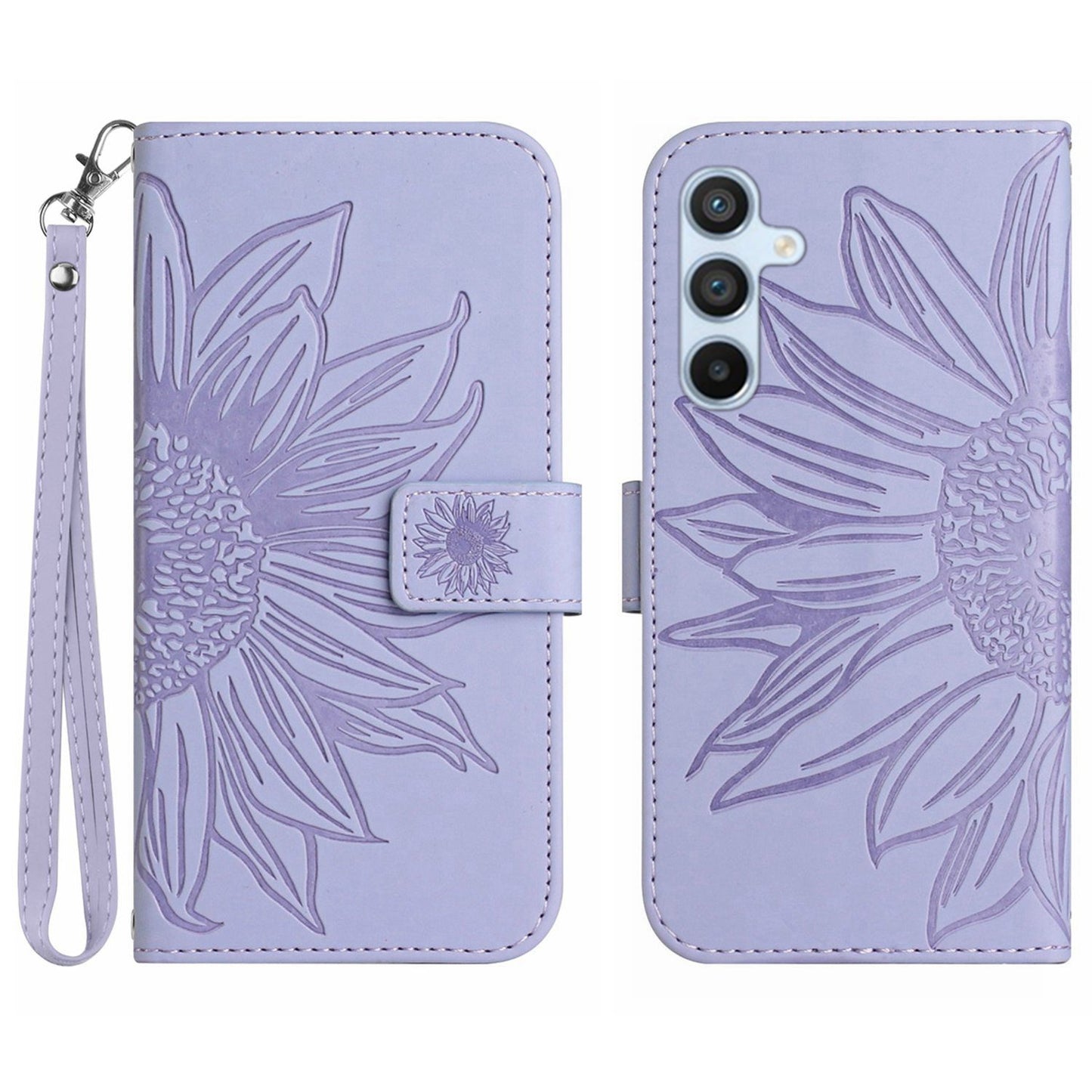 HT04 For Samsung Galaxy F34 5G / M34 5G Sunflower Imprinted Cellphone Cover Leather Wallet Stand Case with Hand Strap - Light Purple