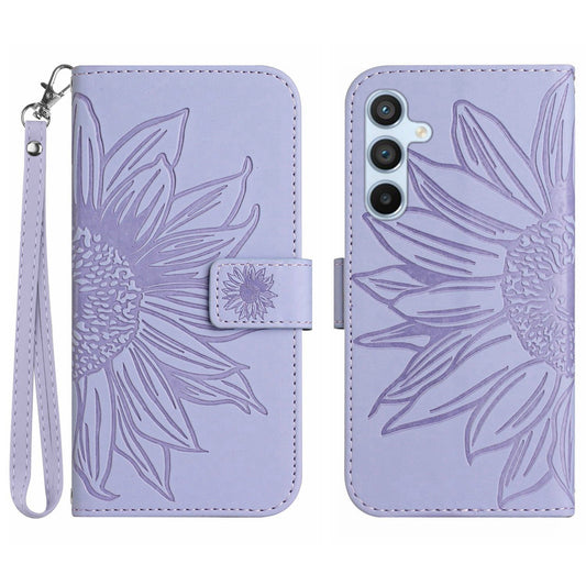 HT04 For Samsung Galaxy F34 5G / M34 5G Sunflower Imprinted Cellphone Cover Leather Wallet Stand Case with Hand Strap - Light Purple
