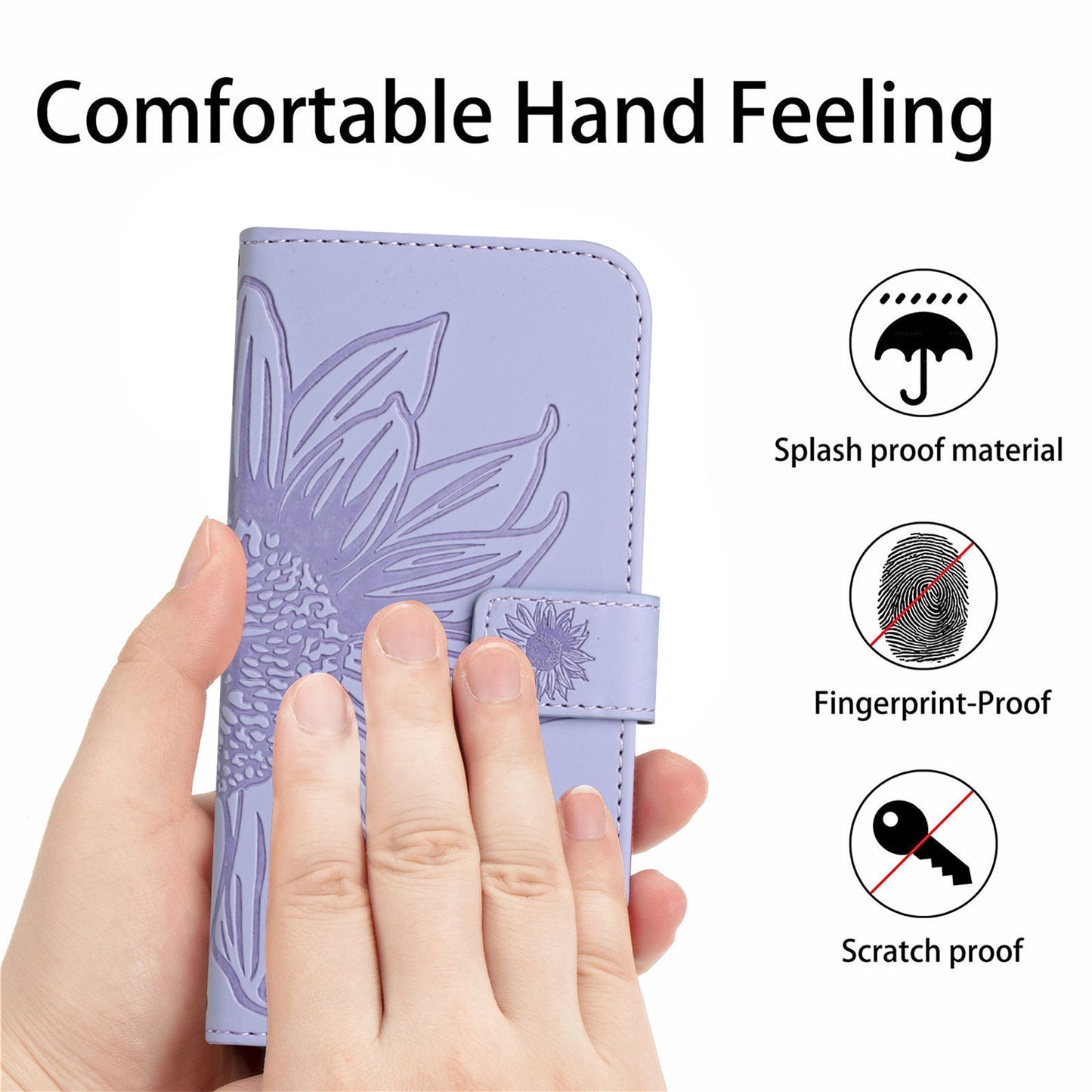 HT04 For Samsung Galaxy F34 5G / M34 5G Sunflower Imprinted Cellphone Cover Leather Wallet Stand Case with Hand Strap - Light Purple