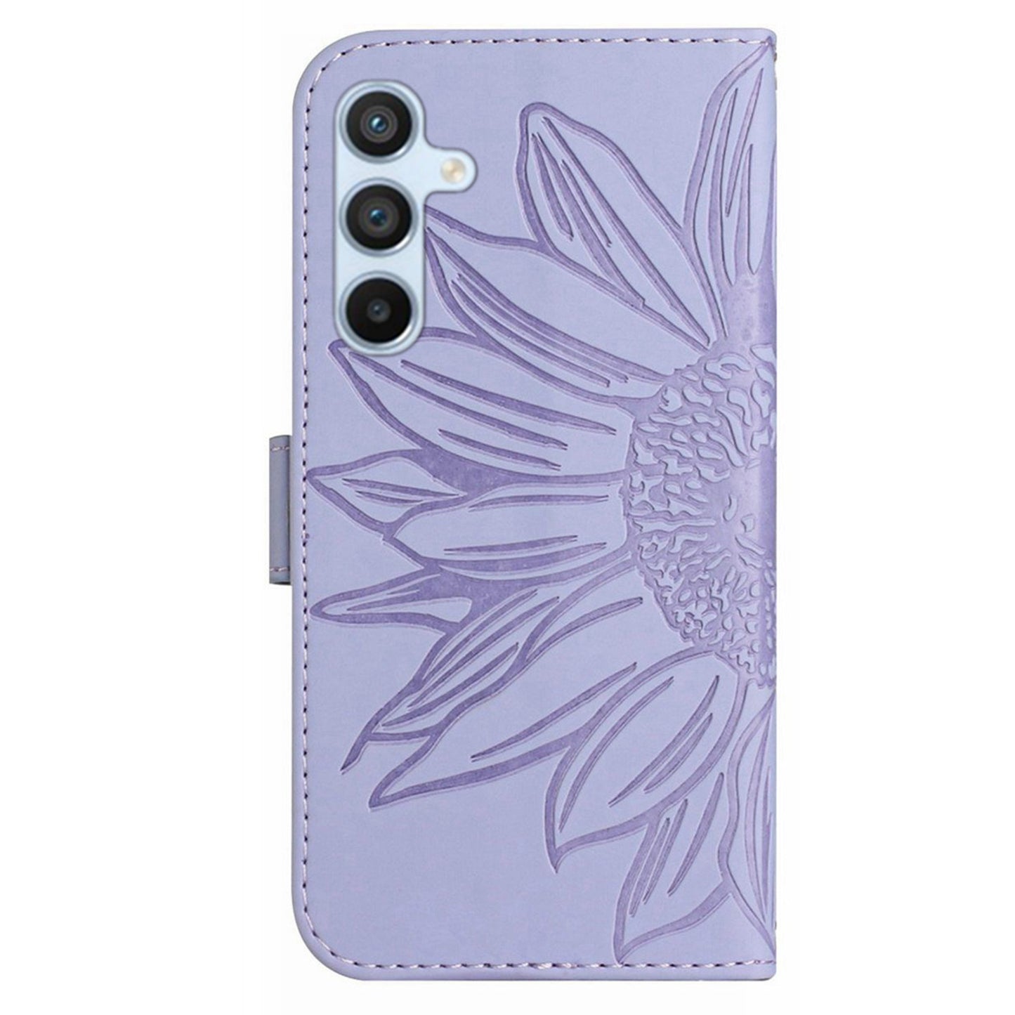 HT04 For Samsung Galaxy F34 5G / M34 5G Sunflower Imprinted Cellphone Cover Leather Wallet Stand Case with Hand Strap - Light Purple