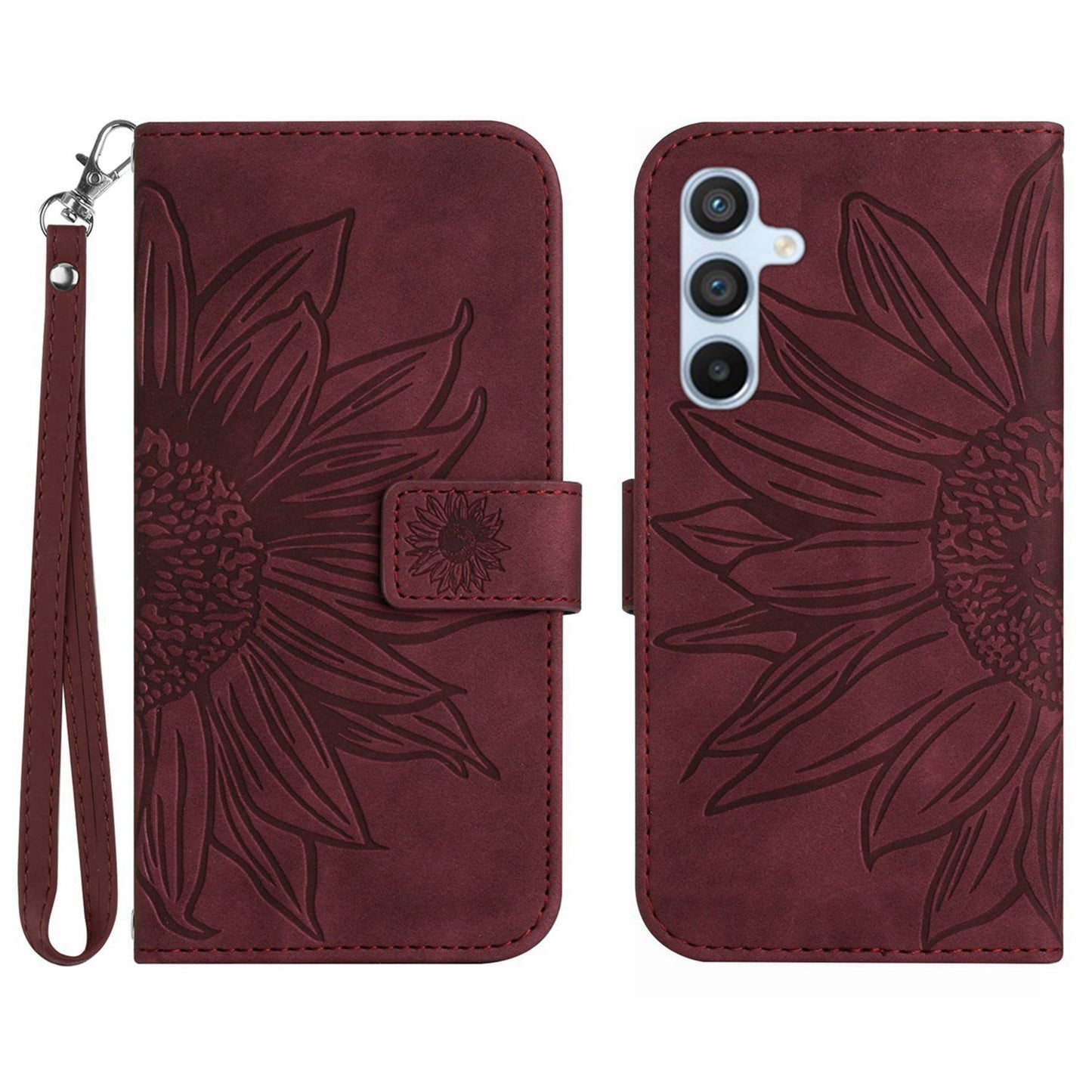 HT04 For Samsung Galaxy F34 5G / M34 5G Sunflower Imprinted Cellphone Cover Leather Wallet Stand Case with Hand Strap - Wine Red