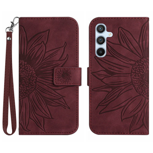 HT04 For Samsung Galaxy F34 5G / M34 5G Sunflower Imprinted Cellphone Cover Leather Wallet Stand Case with Hand Strap - Wine Red