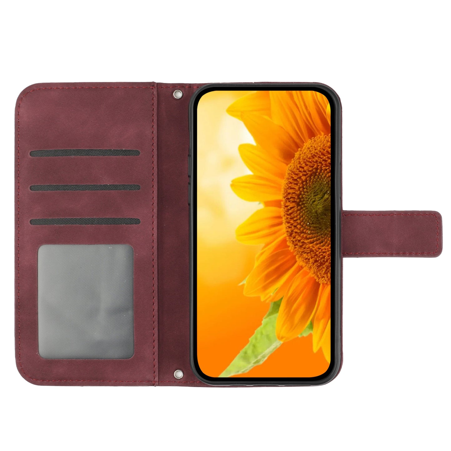 HT04 For Samsung Galaxy F34 5G / M34 5G Sunflower Imprinted Cellphone Cover Leather Wallet Stand Case with Hand Strap - Wine Red