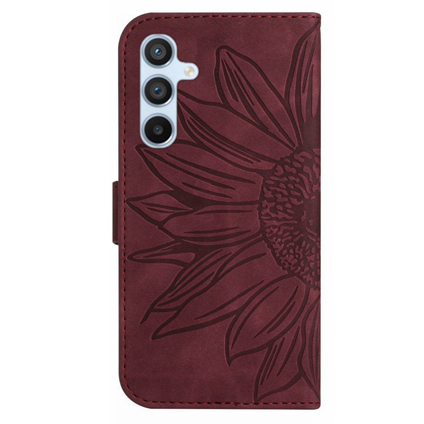 HT04 For Samsung Galaxy F34 5G / M34 5G Sunflower Imprinted Cellphone Cover Leather Wallet Stand Case with Hand Strap - Wine Red