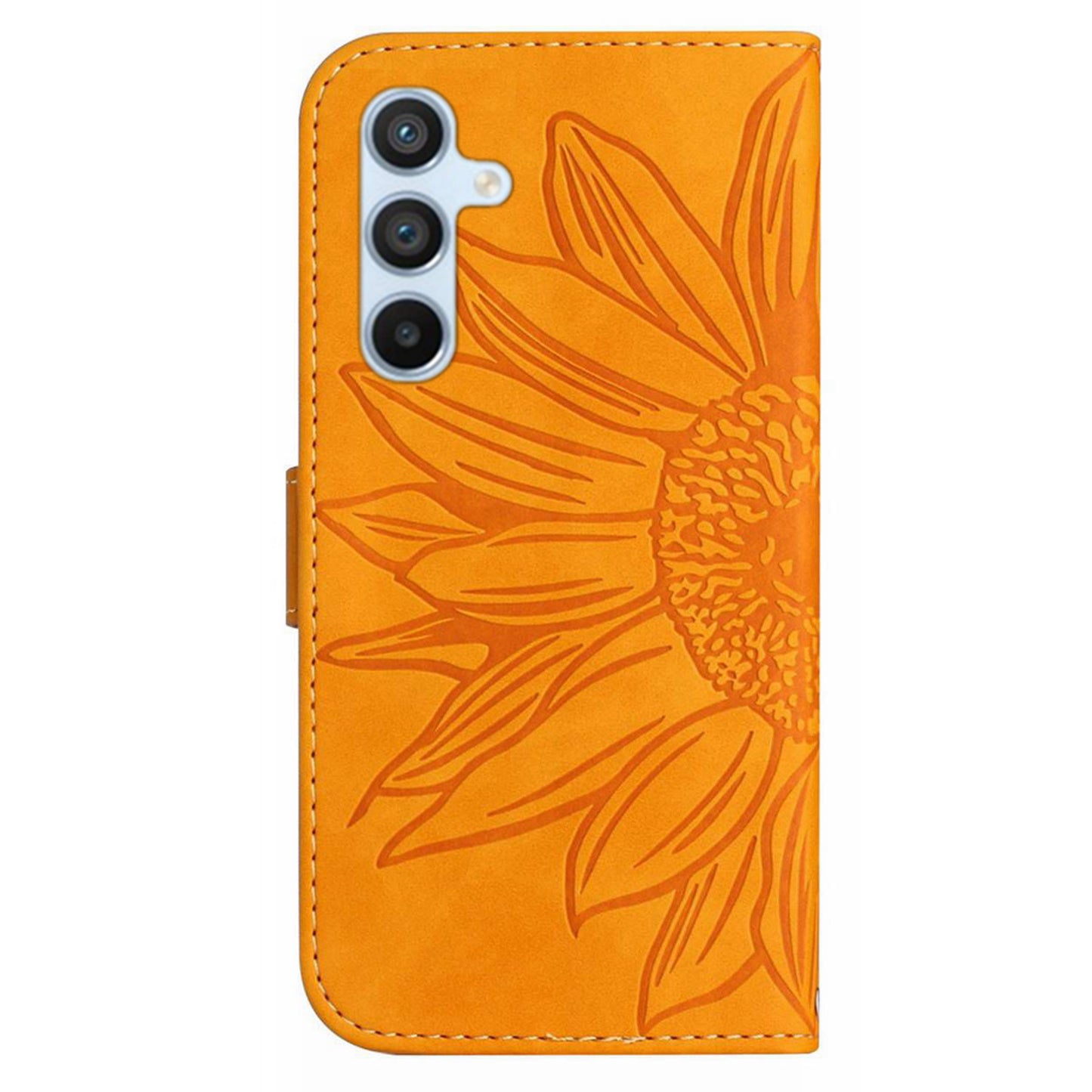 HT04 For Samsung Galaxy F34 5G / M34 5G Sunflower Imprinted Cellphone Cover Leather Wallet Stand Case with Hand Strap - Yellow