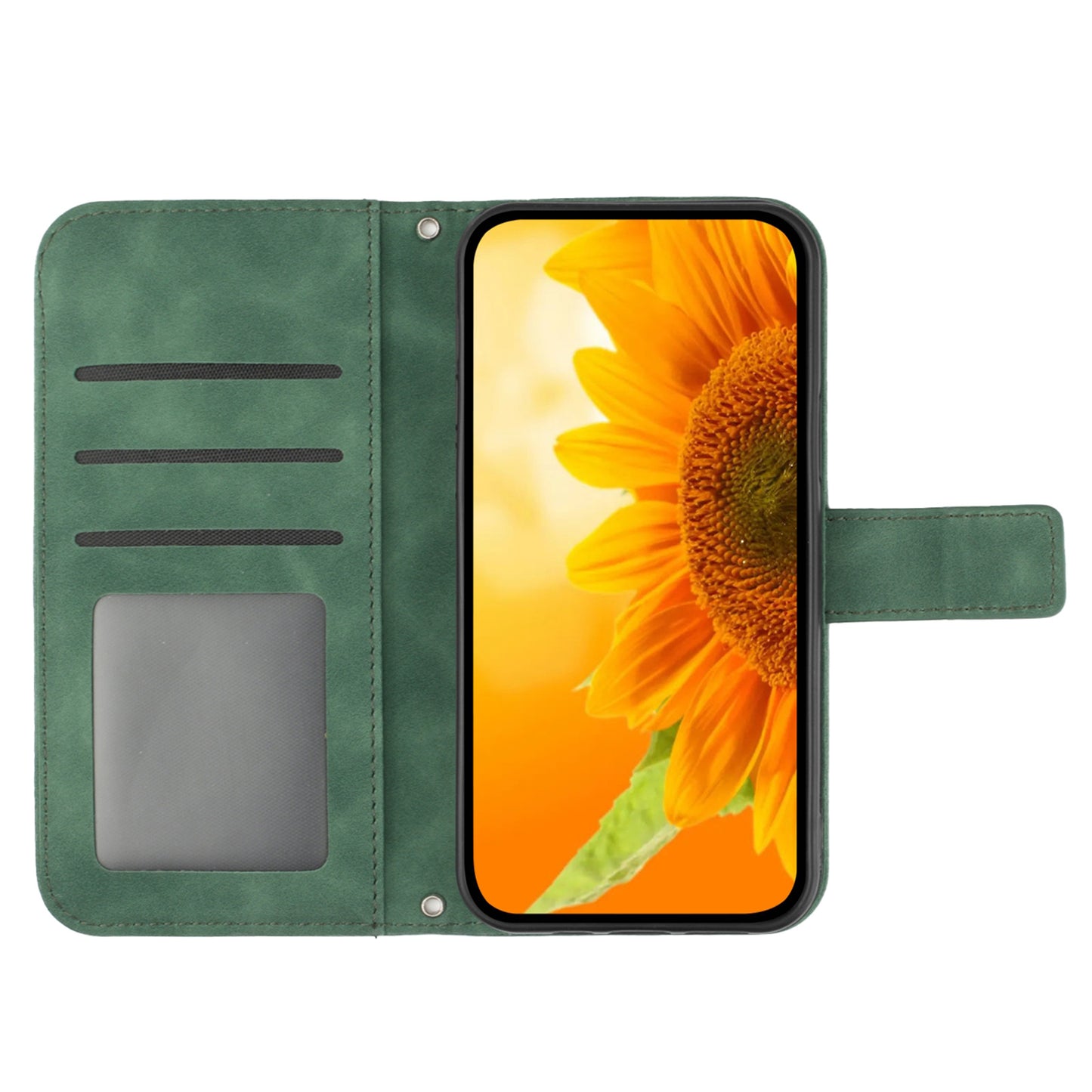HT04 For Samsung Galaxy F34 5G / M34 5G Sunflower Imprinted Cellphone Cover Leather Wallet Stand Case with Hand Strap - Dark Green