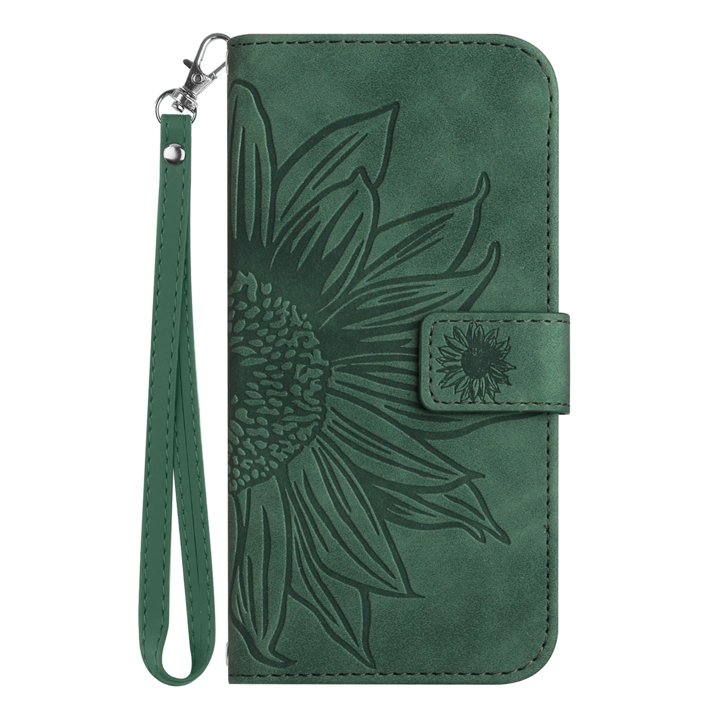 HT04 For Samsung Galaxy F34 5G / M34 5G Sunflower Imprinted Cellphone Cover Leather Wallet Stand Case with Hand Strap - Dark Green