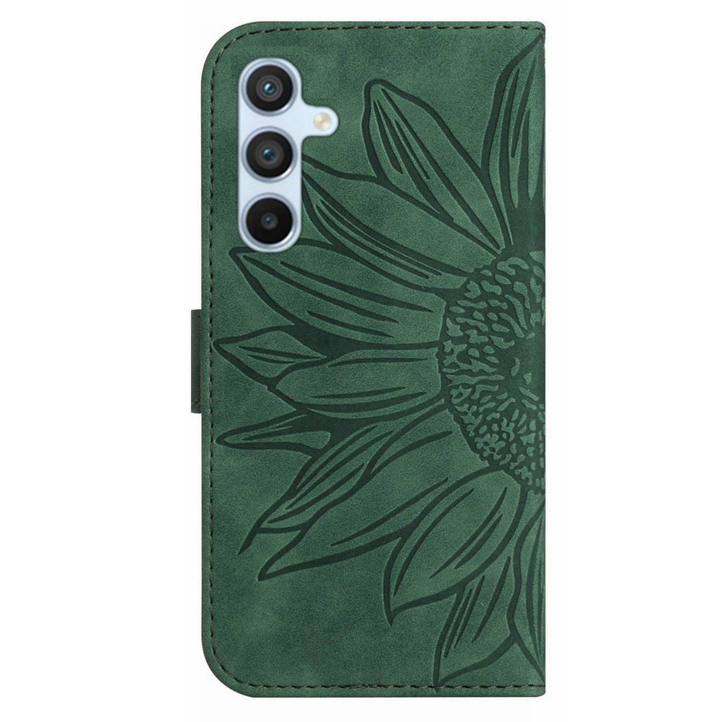 HT04 For Samsung Galaxy F34 5G / M34 5G Sunflower Imprinted Cellphone Cover Leather Wallet Stand Case with Hand Strap - Dark Green