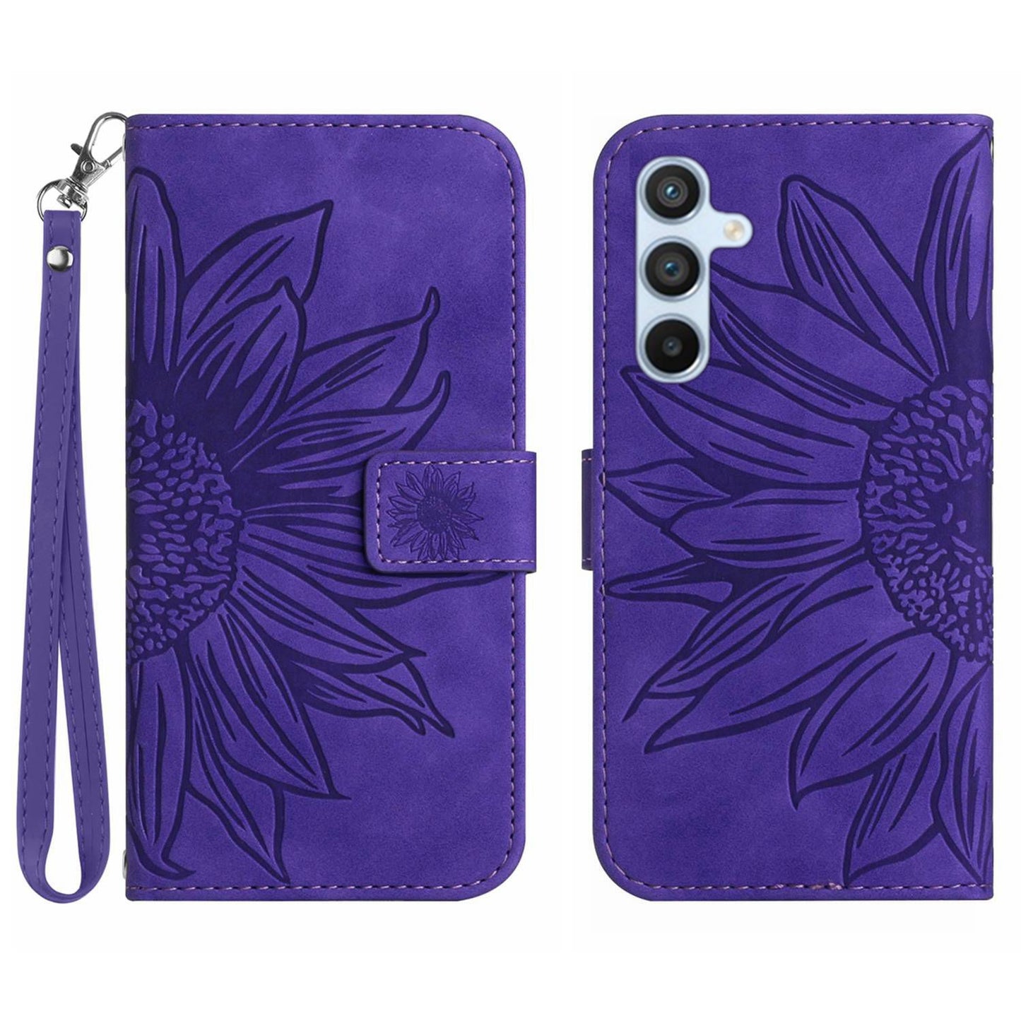 HT04 For Samsung Galaxy F34 5G / M34 5G Sunflower Imprinted Cellphone Cover Leather Wallet Stand Case with Hand Strap - Dark Purple
