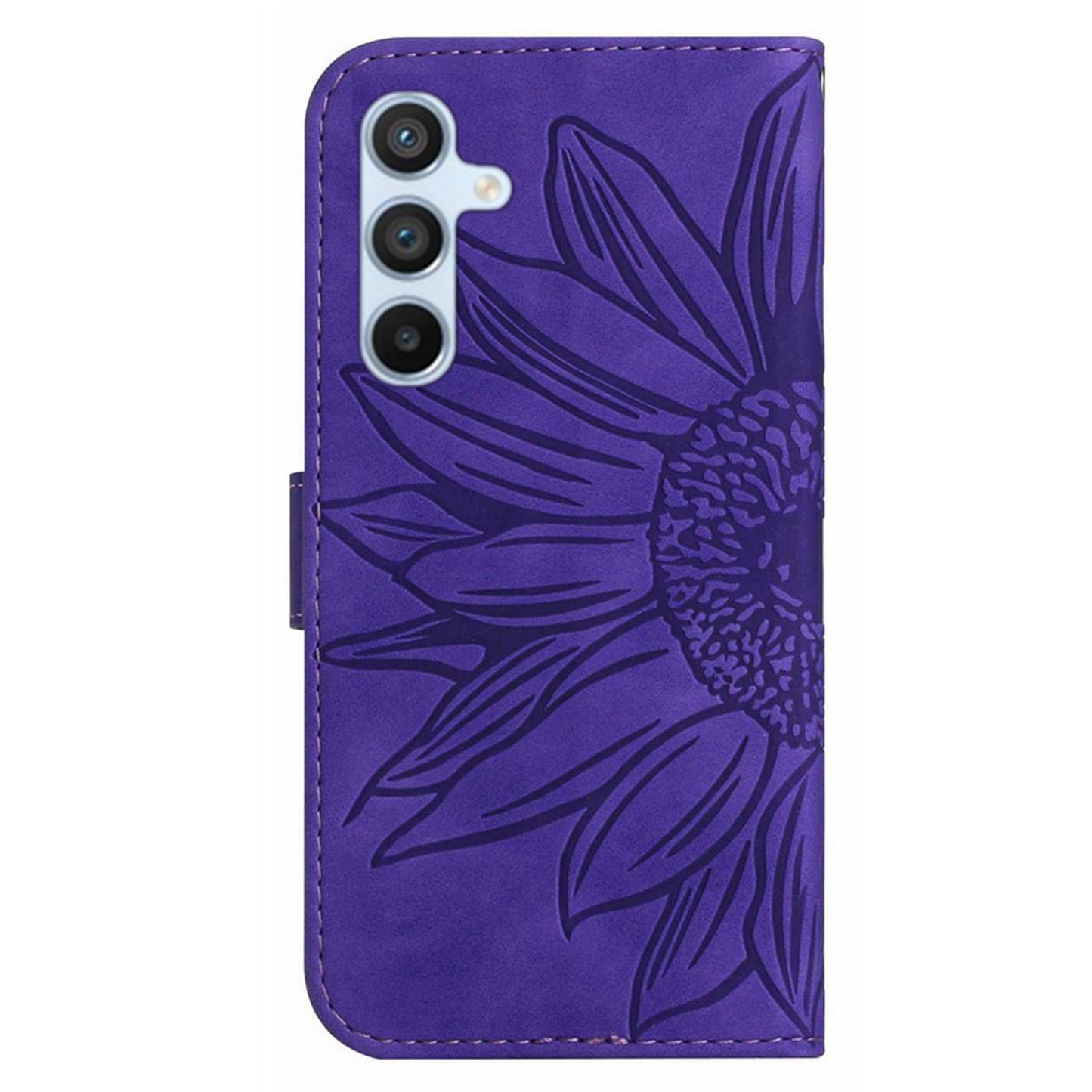 HT04 For Samsung Galaxy F34 5G / M34 5G Sunflower Imprinted Cellphone Cover Leather Wallet Stand Case with Hand Strap - Dark Purple