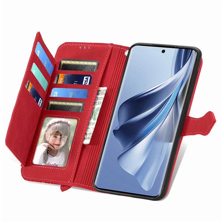 Zipper Pocket Phone Leather Case for Oppo Reno10 5G (Global) Wallet Stand Flower Imprinted Phone Cover - Red