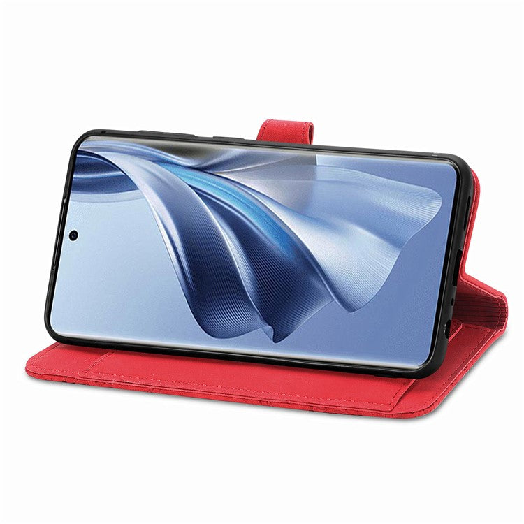 Zipper Pocket Phone Leather Case for Oppo Reno10 5G (Global) Wallet Stand Flower Imprinted Phone Cover - Red