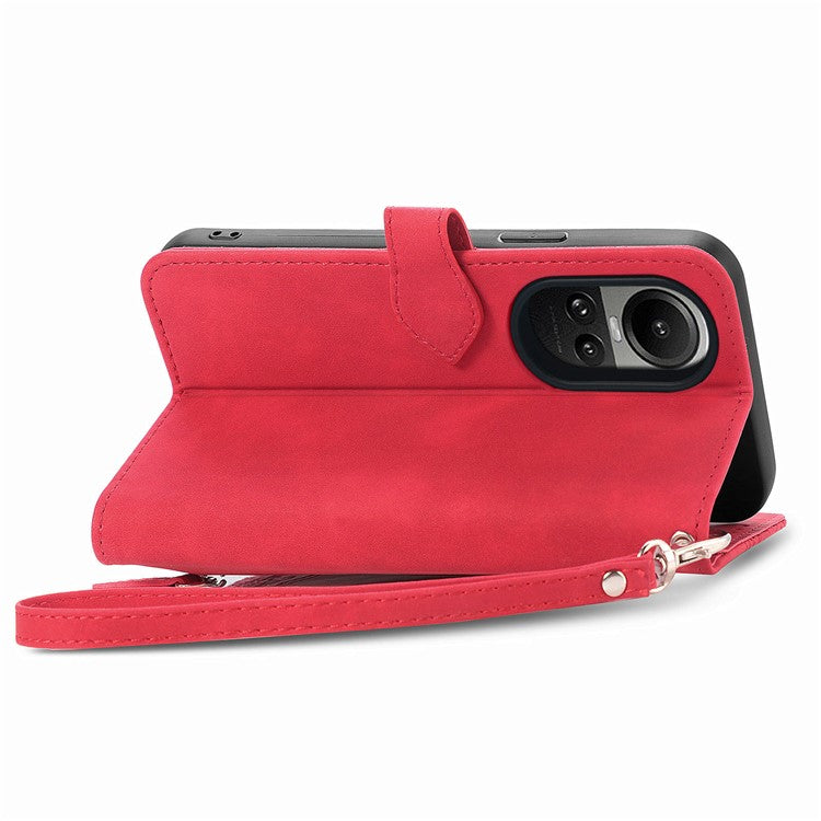 Zipper Pocket Phone Leather Case for Oppo Reno10 5G (Global) Wallet Stand Flower Imprinted Phone Cover - Red