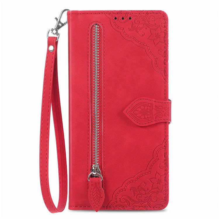 Zipper Pocket Phone Leather Case for Oppo Reno10 5G (Global) Wallet Stand Flower Imprinted Phone Cover - Red