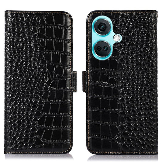 For OnePlus Nord CE3 5G Genuine Cow Leather RFID Blocking Wallet Cover Crocodile Texture Stand Phone Case - Black