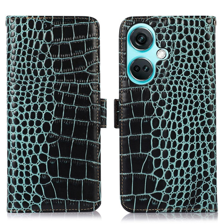 For OnePlus Nord CE3 5G Genuine Cow Leather RFID Blocking Wallet Cover Crocodile Texture Stand Phone Case - Green