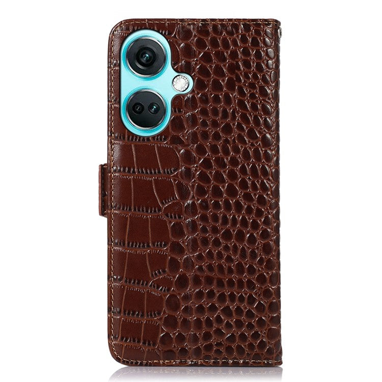 For OnePlus Nord CE3 5G Genuine Cow Leather RFID Blocking Wallet Cover Crocodile Texture Stand Phone Case - Brown