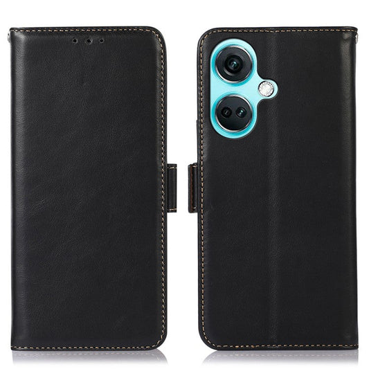 For OnePlus Nord CE3 5G RFID Blocking Wallet Stand Cover Genuine Cow Leather  Anti-drop Phone Case - Black