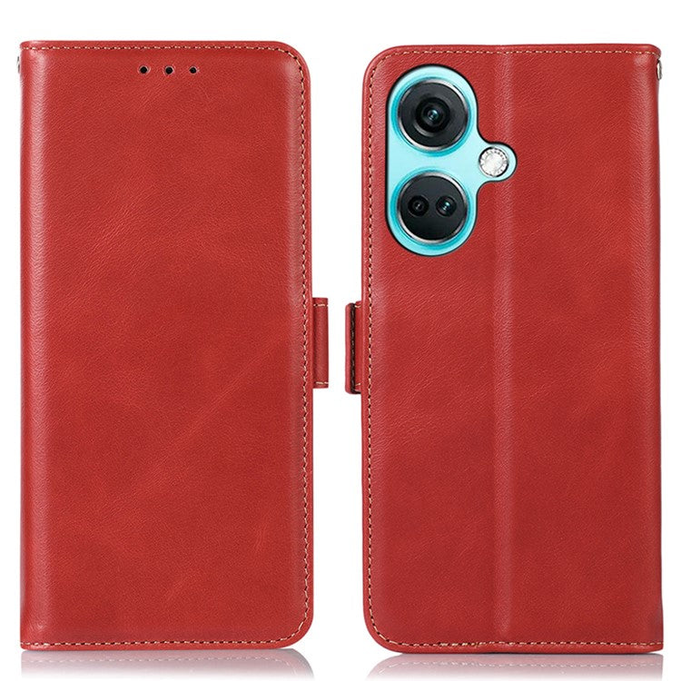For OnePlus Nord CE3 5G RFID Blocking Wallet Stand Cover Genuine Cow Leather  Anti-drop Phone Case - Red