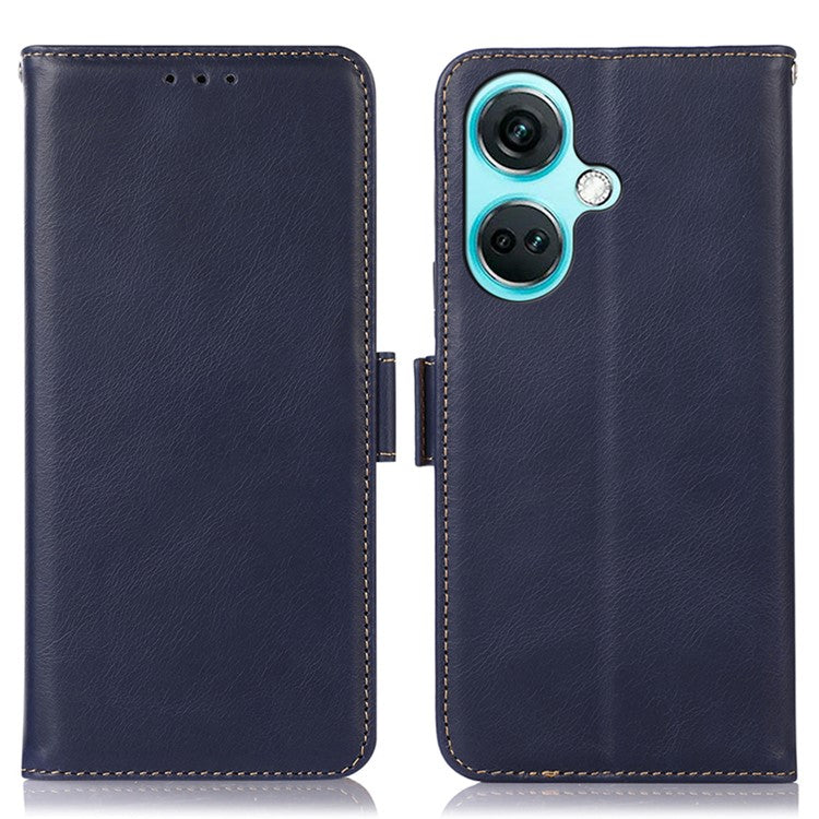 For OnePlus Nord CE3 5G RFID Blocking Wallet Stand Cover Genuine Cow Leather  Anti-drop Phone Case - Blue