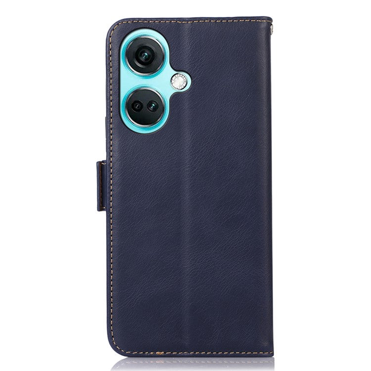 For OnePlus Nord CE3 5G RFID Blocking Wallet Stand Cover Genuine Cow Leather  Anti-drop Phone Case - Blue