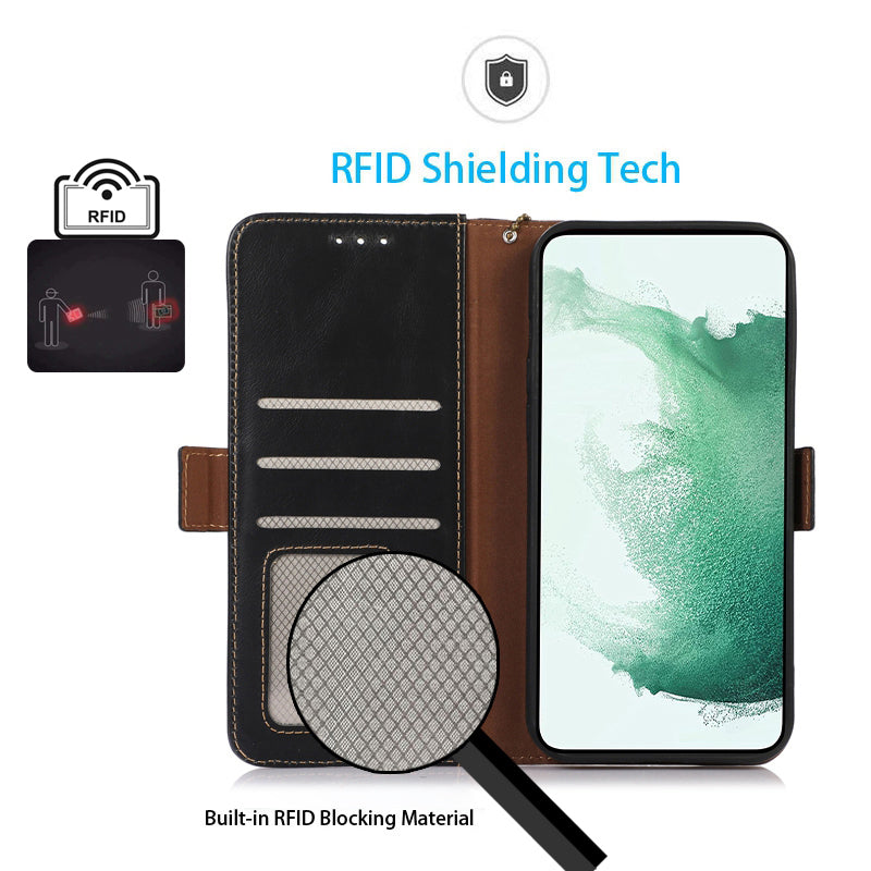 For Samsung Galaxy F34 5G / M34 5G RFID Blocking Wallet Stand Cover Genuine Cow Leather Shockproof Phone Case - Black