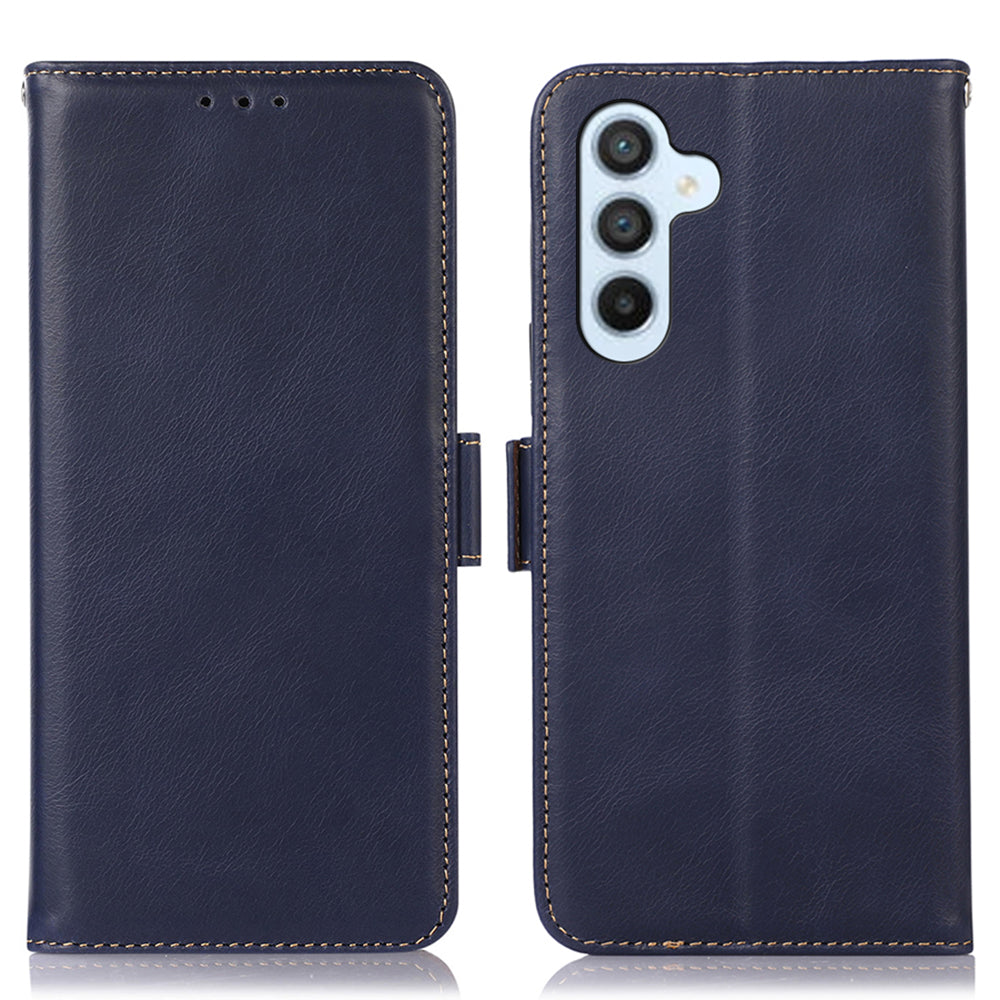 For Samsung Galaxy F34 5G / M34 5G RFID Blocking Wallet Stand Cover Genuine Cow Leather Shockproof Phone Case - Blue