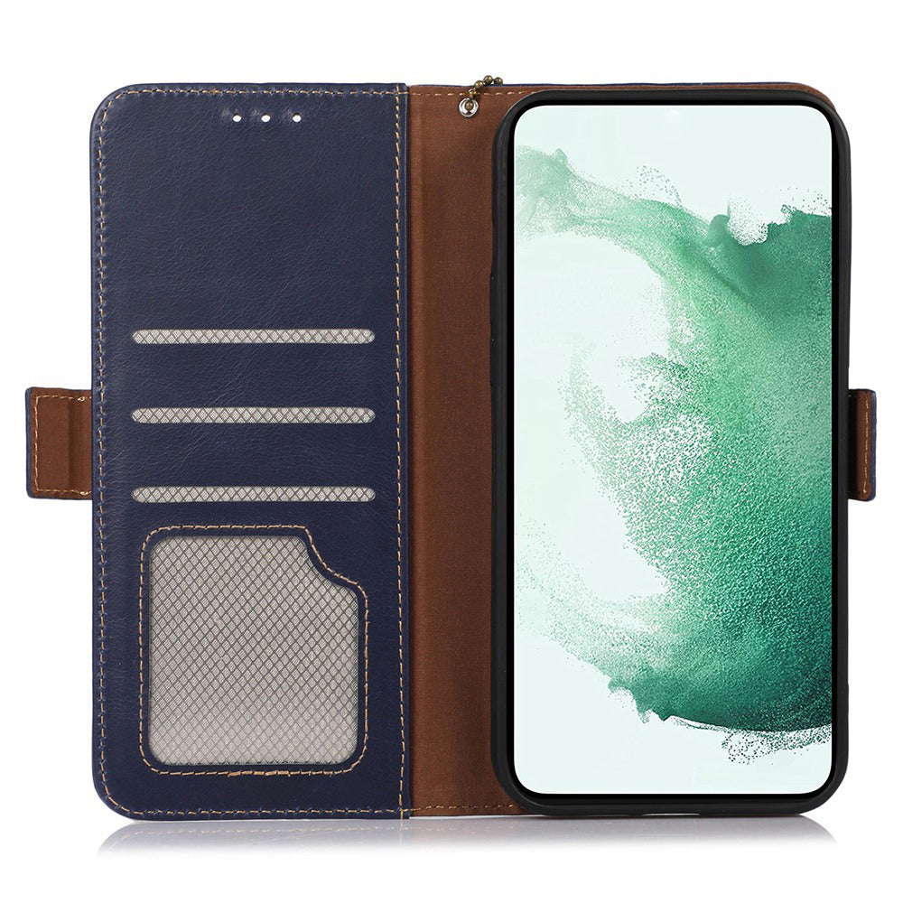 For Samsung Galaxy F34 5G / M34 5G RFID Blocking Wallet Stand Cover Genuine Cow Leather Shockproof Phone Case - Blue