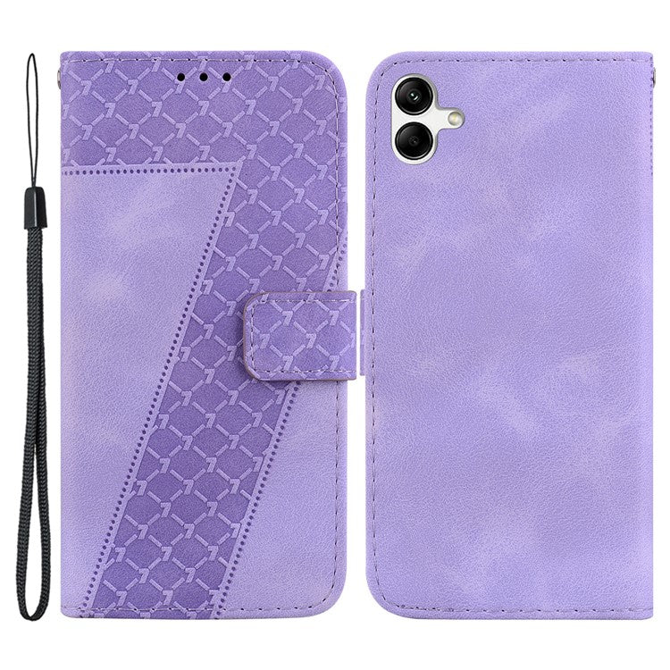 For Samsung Galaxy A04e 4G / F04 4G / M04 4G 7-Shape Imprinted Phone Case Anti-fall Leather Wallet Stand Shell - Purple