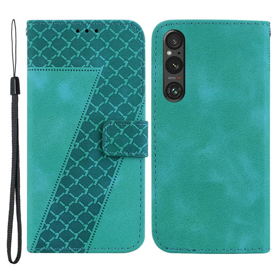 7-Shape Imprinted Phone Wallet Case for Sony Xperia 1 V , PU Leather Stand Smartphone Cover - Green