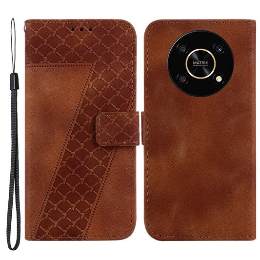 For Honor X9 4G / 5G Slim-Fit Shell Leather Phone Case Stand Imprinted 7-Shape Pattern Wallet Flip Cover - Brown