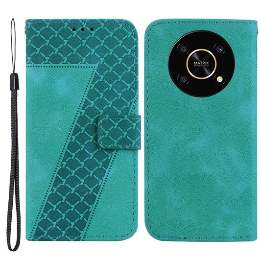 For Honor X9 4G / 5G Slim-Fit Shell Leather Phone Case Stand Imprinted 7-Shape Pattern Wallet Flip Cover - Green