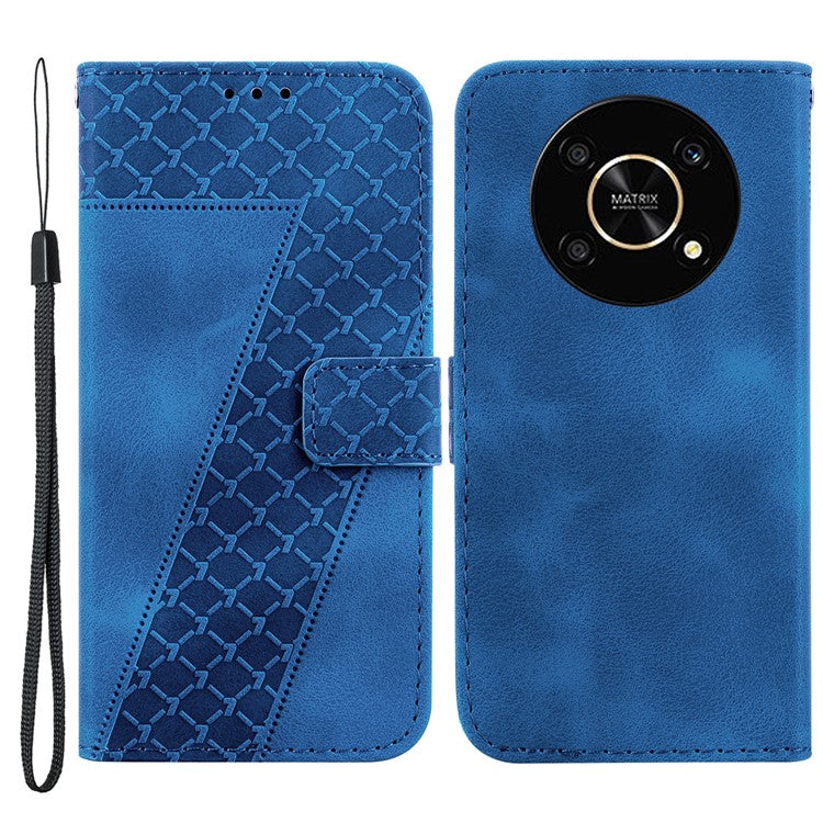 For Honor X9 4G / 5G Slim-Fit Shell Leather Phone Case Stand Imprinted 7-Shape Pattern Wallet Flip Cover - Dark Blue