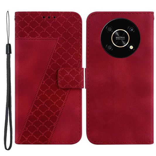 For Honor X9 4G / 5G Slim-Fit Shell Leather Phone Case Stand Imprinted 7-Shape Pattern Wallet Flip Cover - Red
