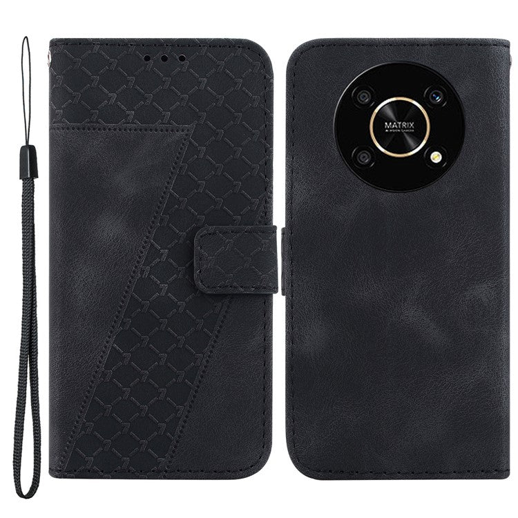 For Honor X9 4G / 5G Slim-Fit Shell Leather Phone Case Stand Imprinted 7-Shape Pattern Wallet Flip Cover - Black