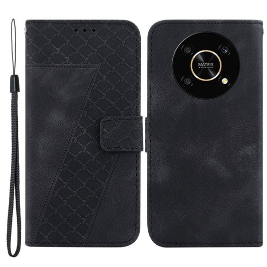 For Honor X9 4G / 5G Slim-Fit Shell Leather Phone Case Stand Imprinted 7-Shape Pattern Wallet Flip Cover - Black