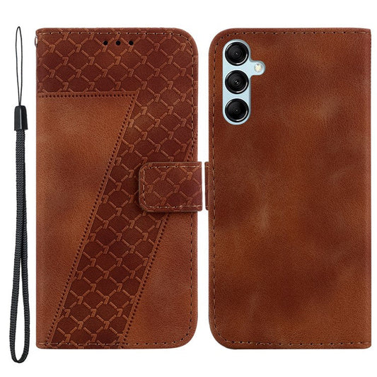 For Samsung Galaxy M54 5G / F54 5G 7-Shape Imprinted Anti-fall Phone Cover Leather Wallet Flip Stand Case - Brown