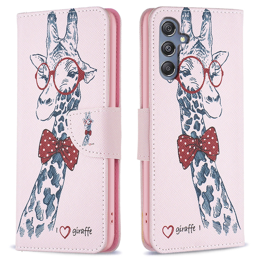 For Samsung Galaxy F34 5G / M34 5G PU Leather Pattern Printing Phone Case Wallet Stand Anti-drop Cover - Giraffe