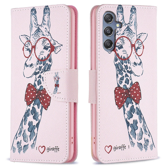 For Samsung Galaxy F34 5G / M34 5G PU Leather Pattern Printing Phone Case Wallet Stand Anti-drop Cover - Giraffe