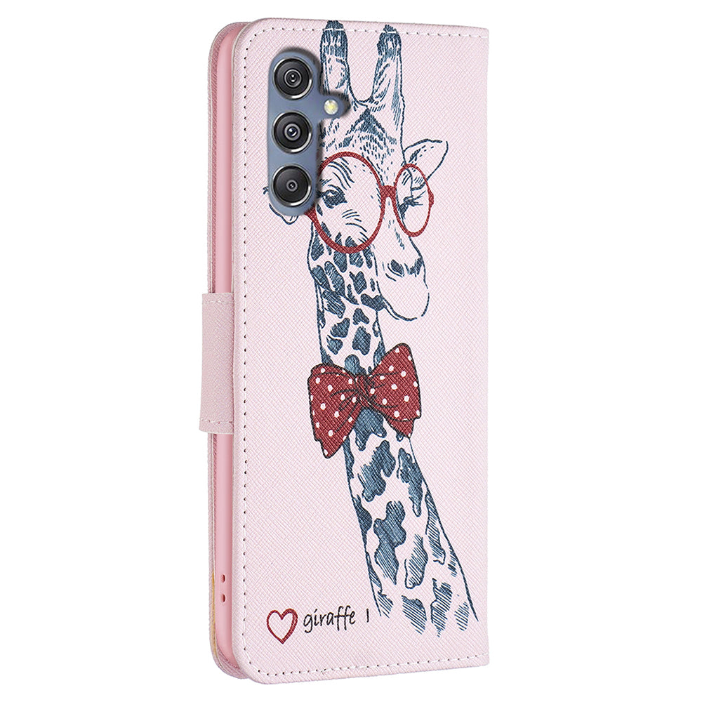 For Samsung Galaxy F34 5G / M34 5G PU Leather Pattern Printing Phone Case Wallet Stand Anti-drop Cover - Giraffe