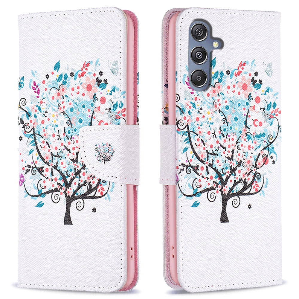For Samsung Galaxy F34 5G / M34 5G PU Leather Pattern Printing Phone Case Wallet Stand Anti-drop Cover - Flower Tree